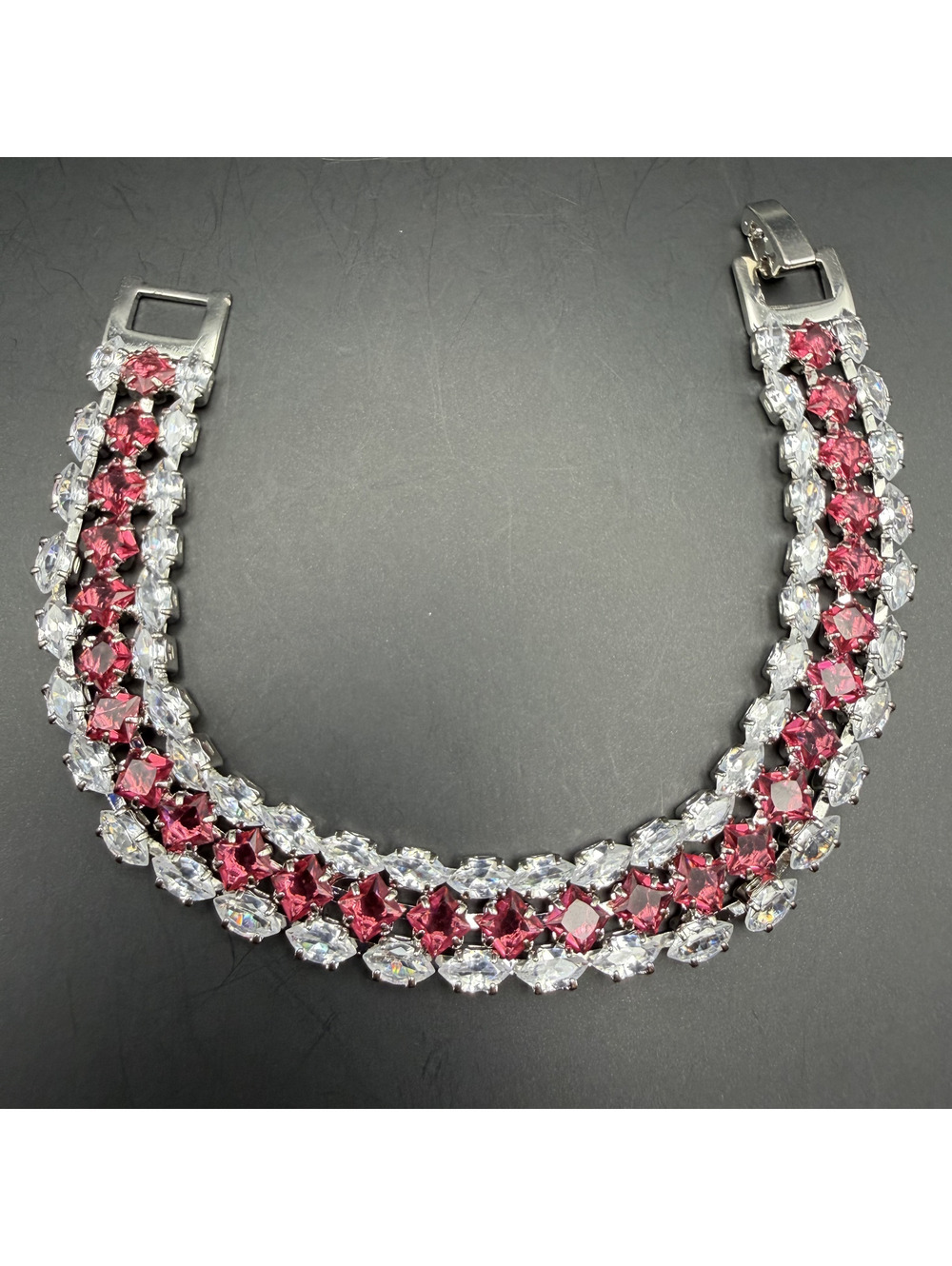 candy+clover triple row magenta and clear crystal silver tone bracelet